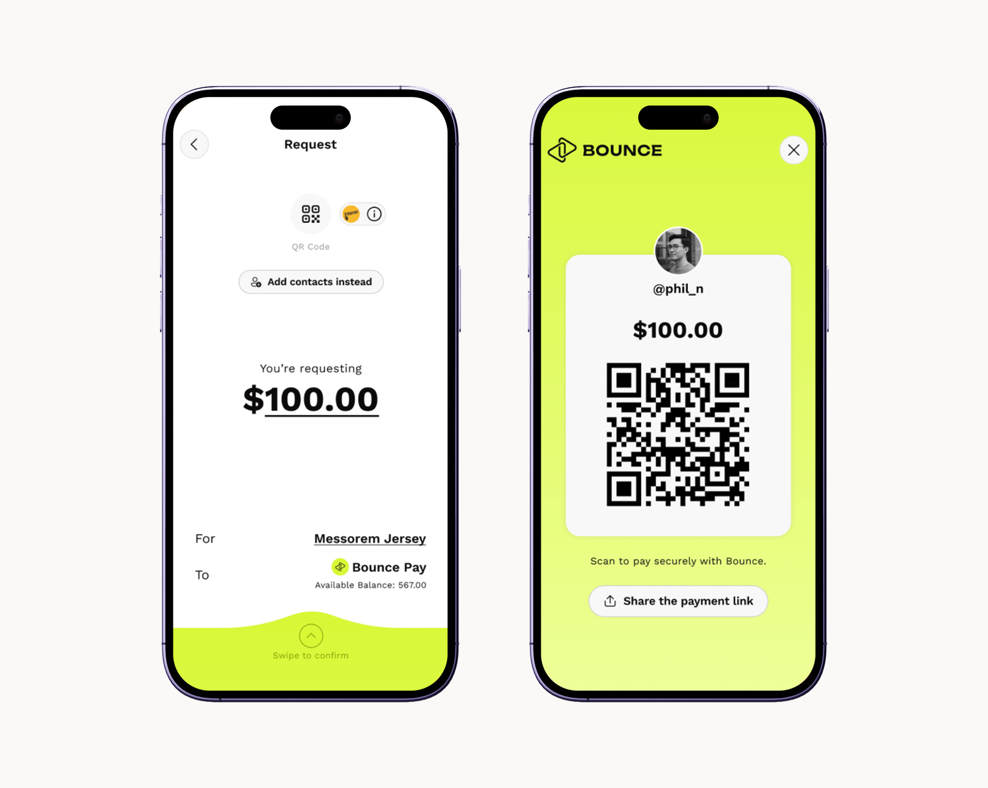 Bounce — demande de paiement et QR Code